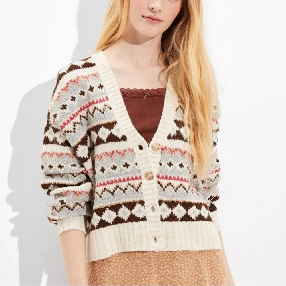 VNTG American Eagle Y2K Fair Isle Cropped Cardigan Soft & Cozy Grandpa Sweater M